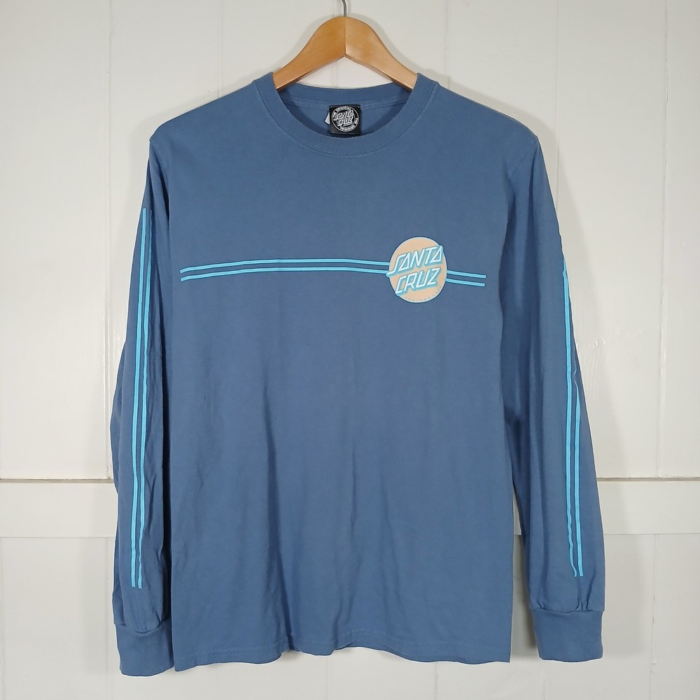 Santa Cruz Long Sleeve T-Shirt Mens Small Blue Dot Logo Stripe Sleeve Skate Tee